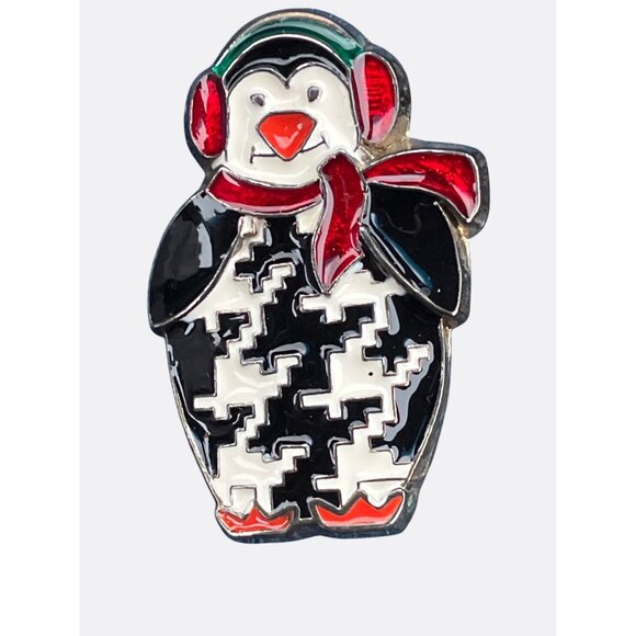Penguin Brooch Enamel Pin With Red Scarf and Ear Muffs Winter Theme Jewelry - Picture 1 of 9